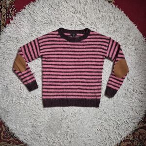 Womens J. Crew Wool Sweater Elbow Patches Striped Pink Size XXS Winter Fall Fuzz